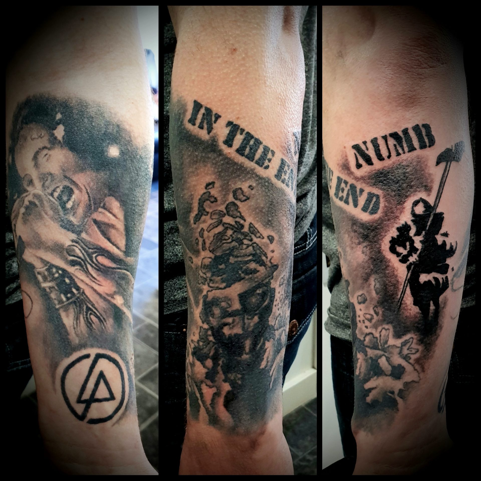 Small Linkin Park Hybird Theory With Symbol Tattoo On Upper Back