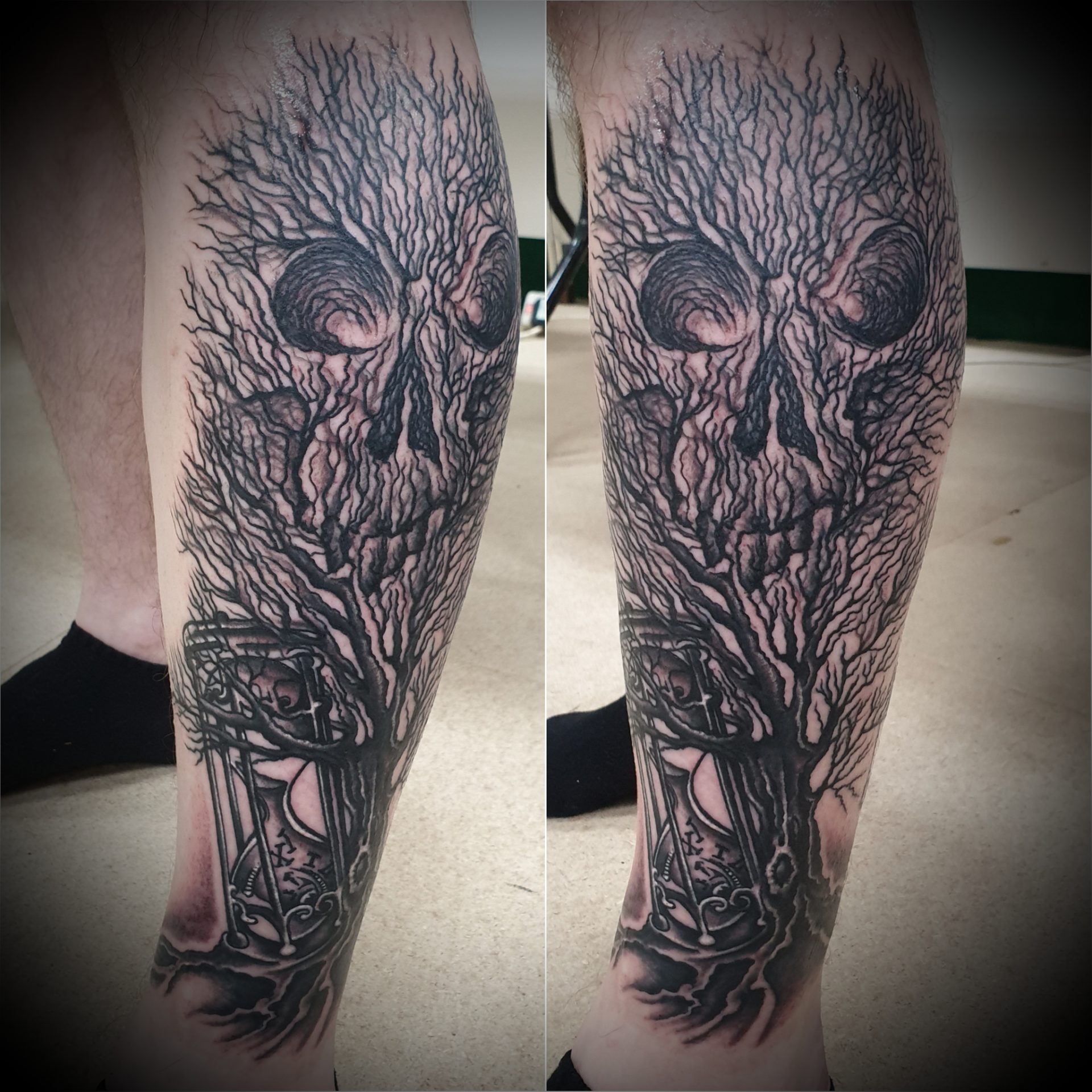 Black and Grey Skull And Tree Tattoo Idea  BlackInk